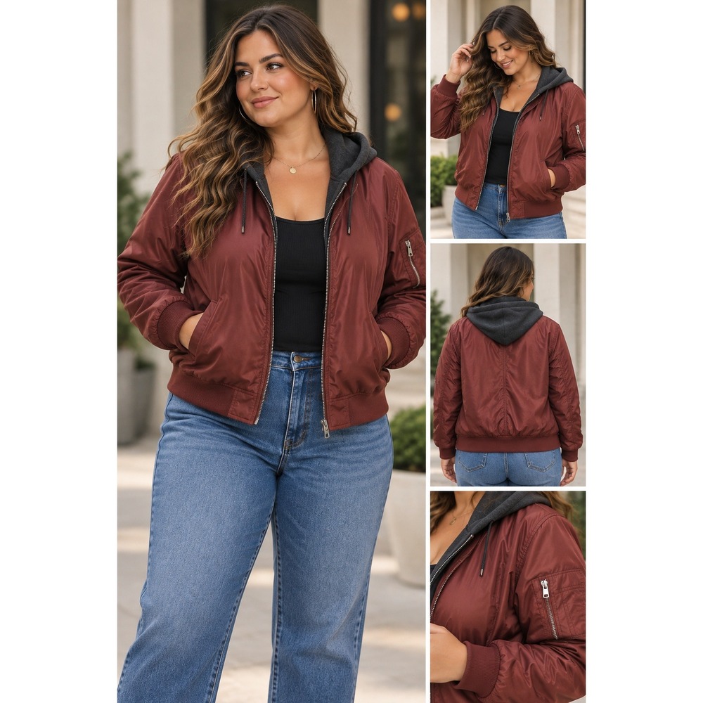 Forever 21 Plus Size 2X Rust Bomber Jacket Hooded Layered Utility Pocket #1638